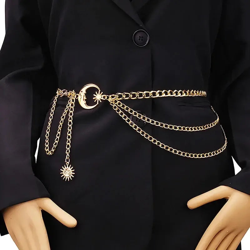 Ceinture chaîne féminine – Ornée de motifs lune et étoile